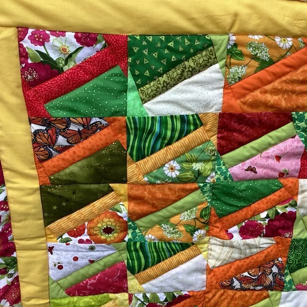 NWT. Hand Crafted “Welcome Spring & Summer” Brights Quilt with Zinnia Borders